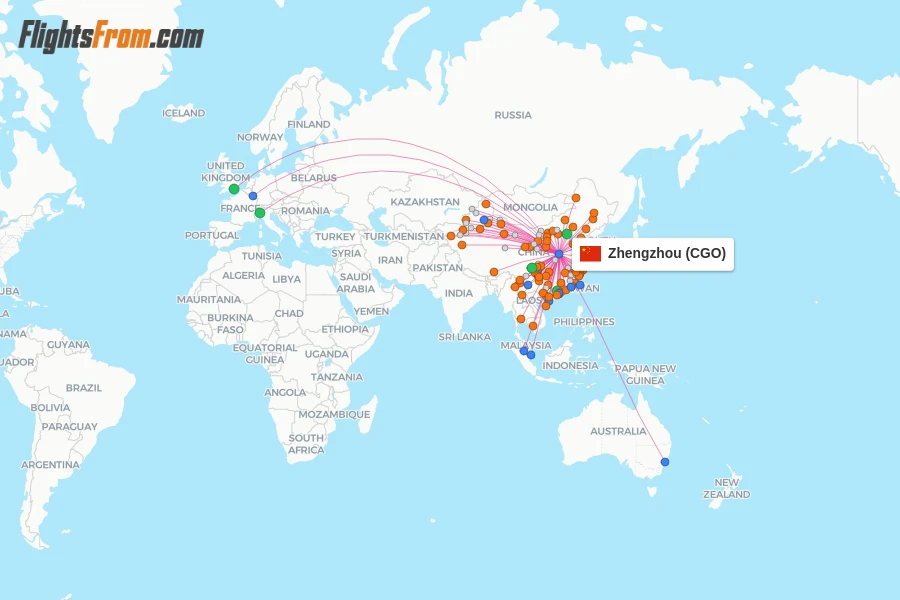 Zhengzhou flight map