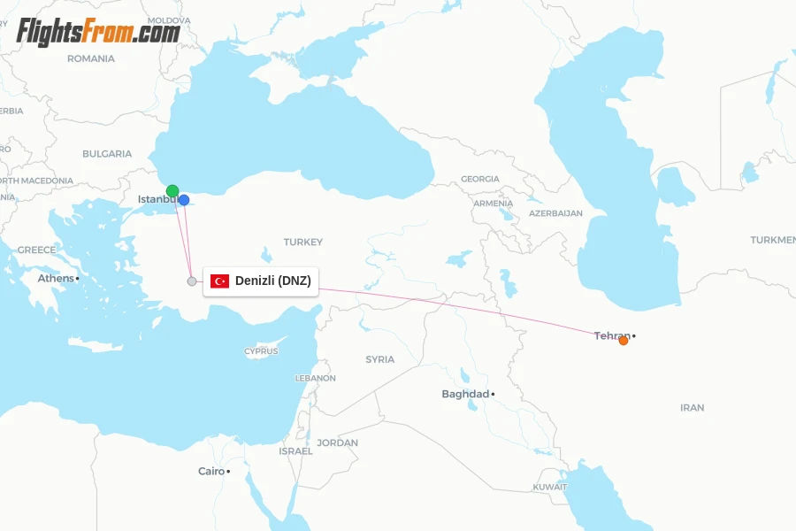 Denizli flight map
