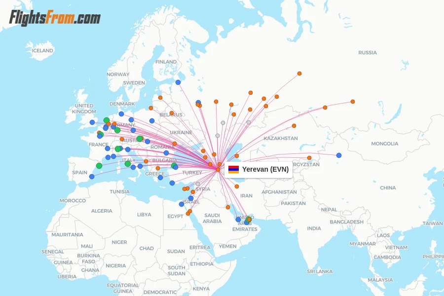 Yerevan flight map