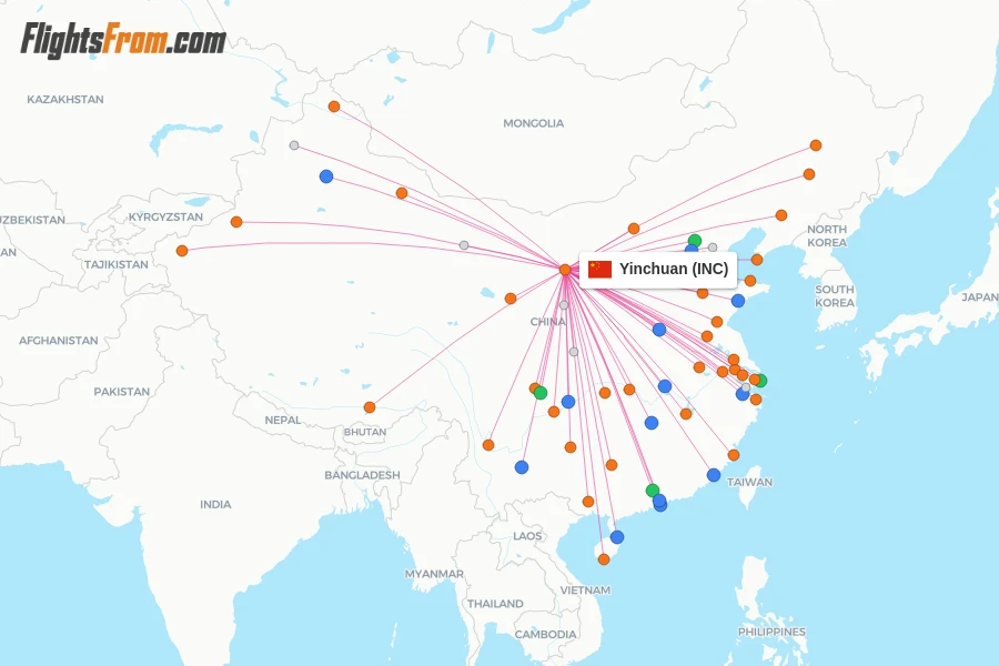 Yinchuan flight map