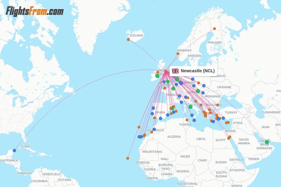 Newcastle flight map
