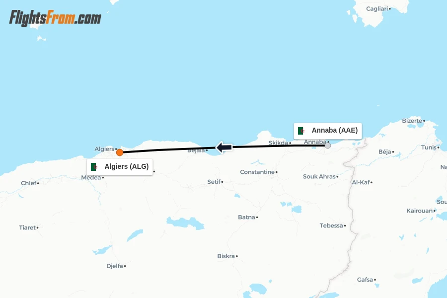 Flights from Annaba to Algiers route map