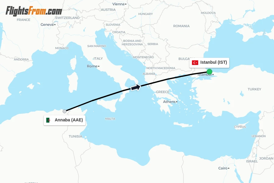 Flights from Annaba to Istanbul route map