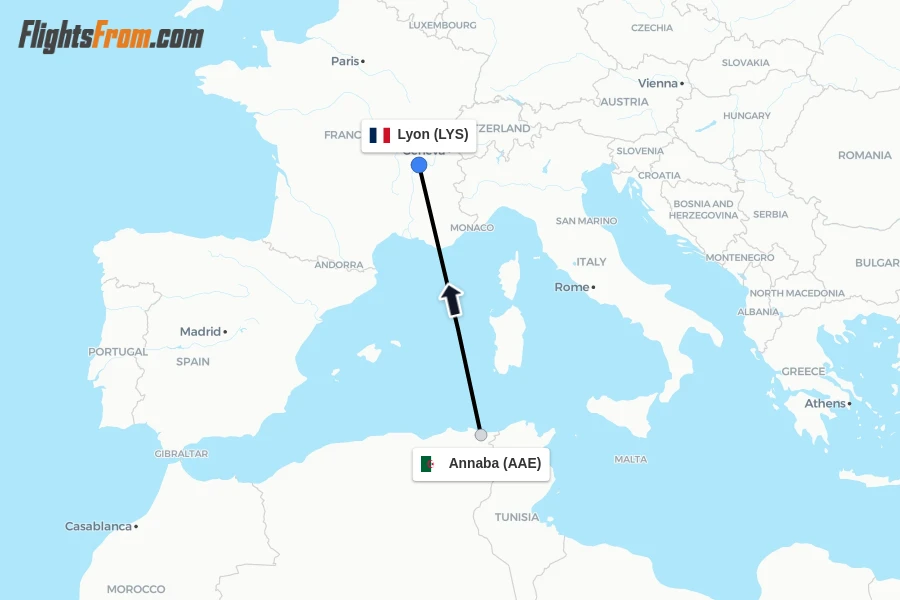 Flights from Annaba to Lyon route map