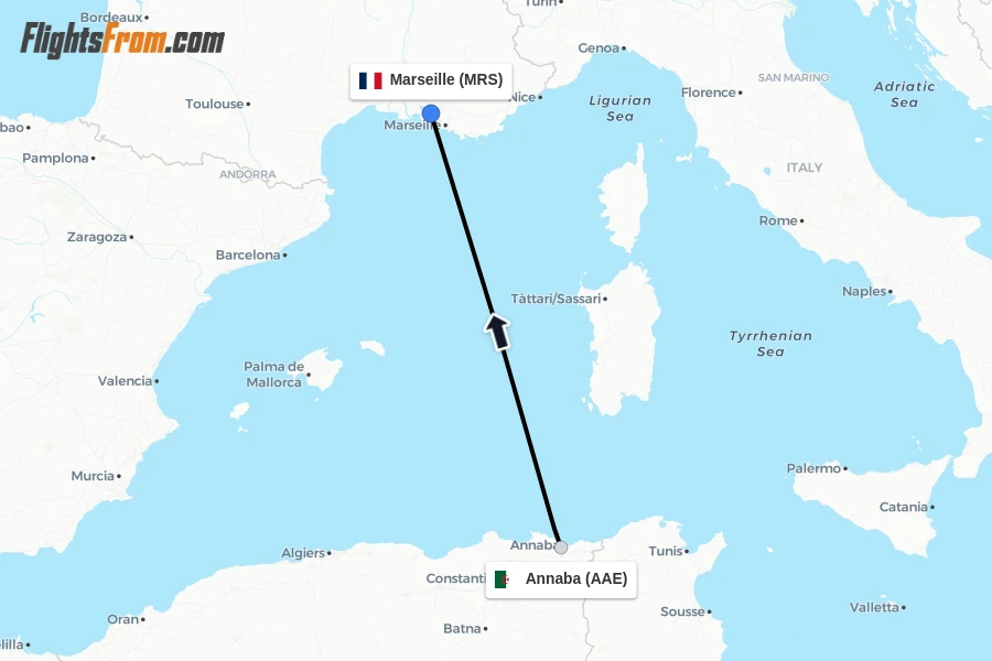 Flights from Annaba to Marseille route map