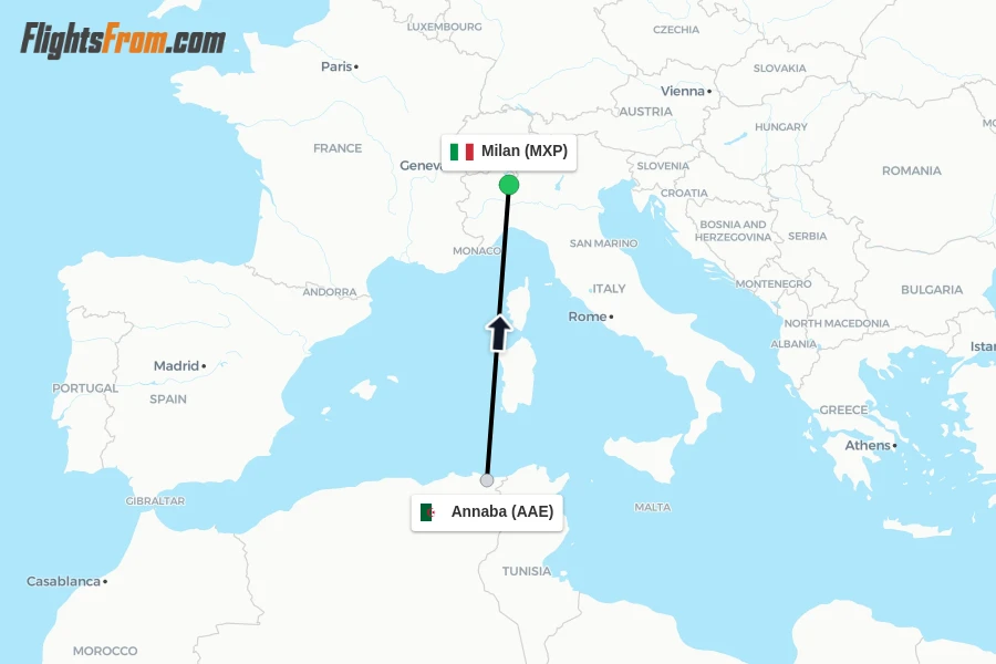 Flights from Annaba to Milan route map