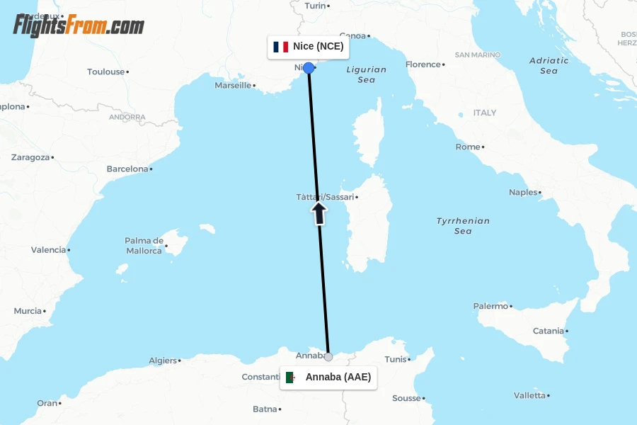 Flights from Annaba to Nice route map