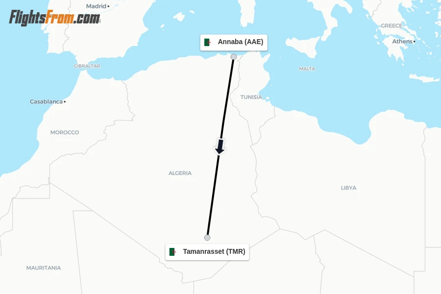 Flights from Annaba to Tamanrasset route map