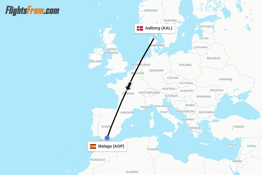 Flights from Aalborg to Malaga route map