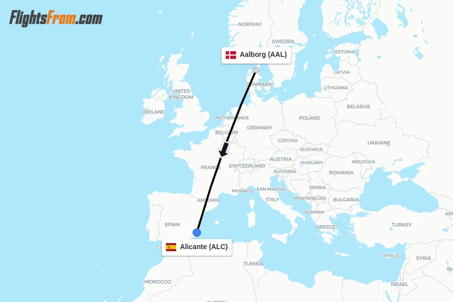 Flights from Aalborg to Alicante route map