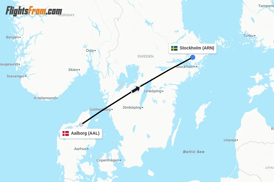 Flights from Aalborg to Stockholm route map