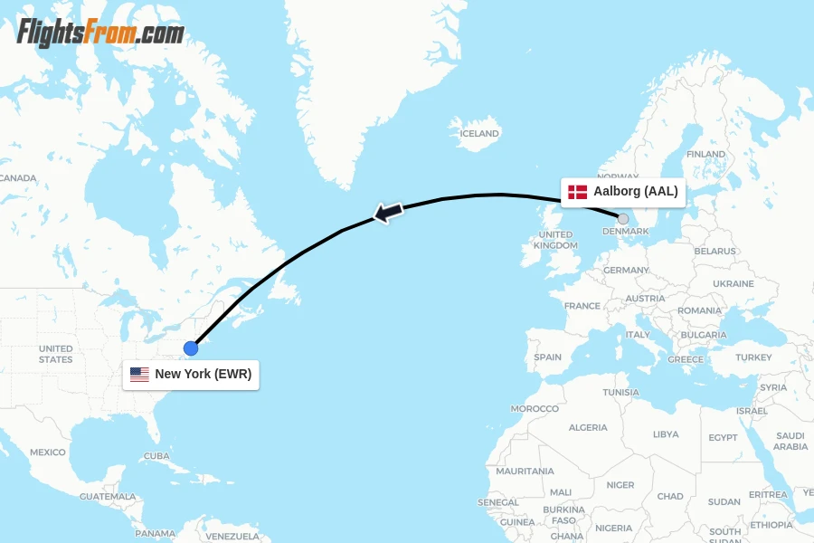 Flights from Aalborg to New York route map