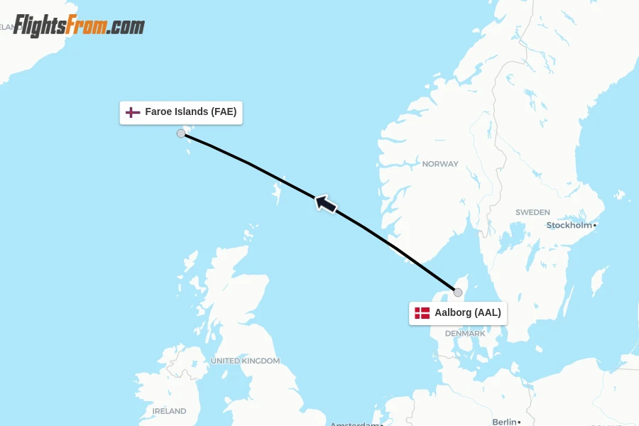 Flights from Aalborg to Faroe Islands route map