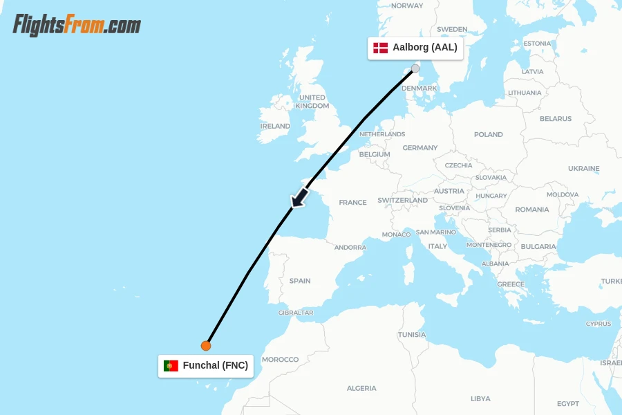 Flights from Aalborg to Funchal route map
