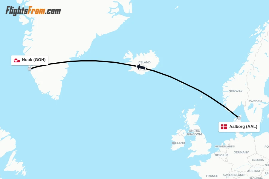 Flights from Aalborg to Nuuk route map