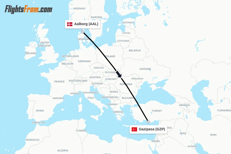 Flights from Aalborg to Gazipasa route map
