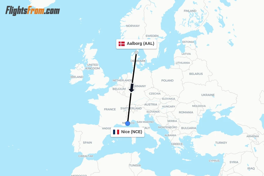 Flights from Aalborg to Nice route map