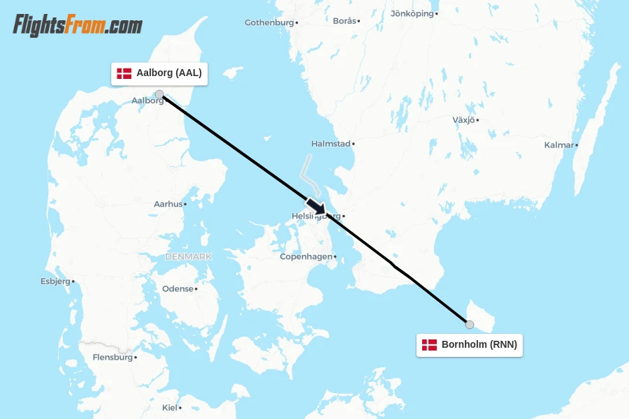 Flights from Aalborg to Bornholm route map