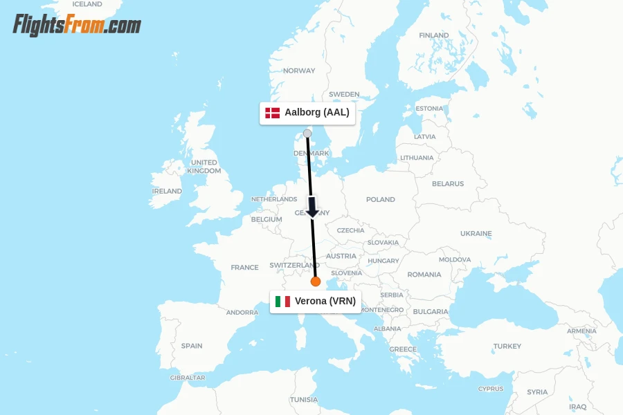 Flights from Aalborg to Verona route map