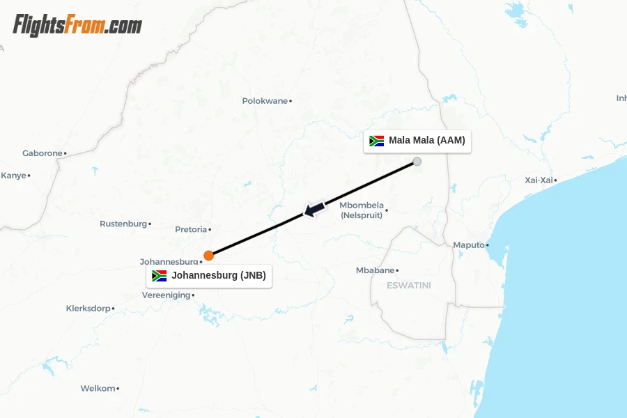 Flights from Mala Mala to Johannesburg route map