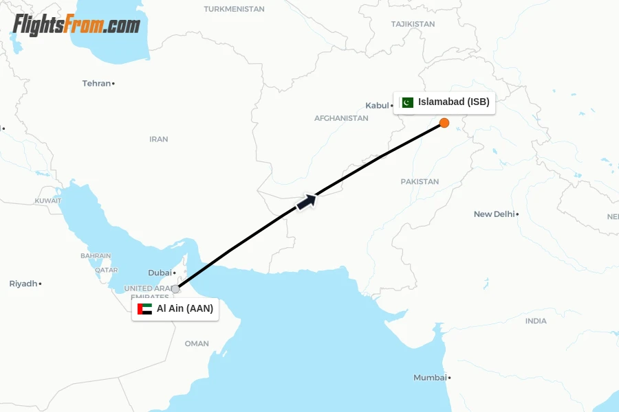 Flights from Al Ain to Islamabad route map