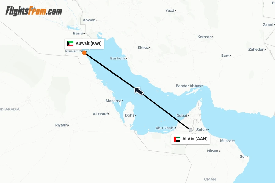 Flights from Al Ain to Kuwait route map