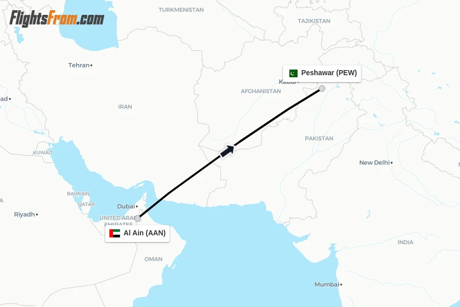 Flights from Al Ain to Peshawar route map