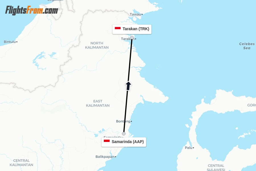 Flights from Samarinda to Tarakan route map