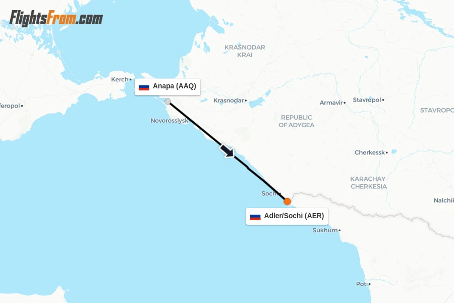 Flights from Anapa to Adler/Sochi route map