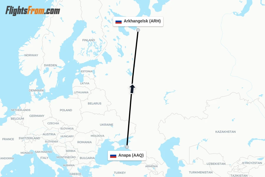 Flights from Anapa to Arkhangelsk route map