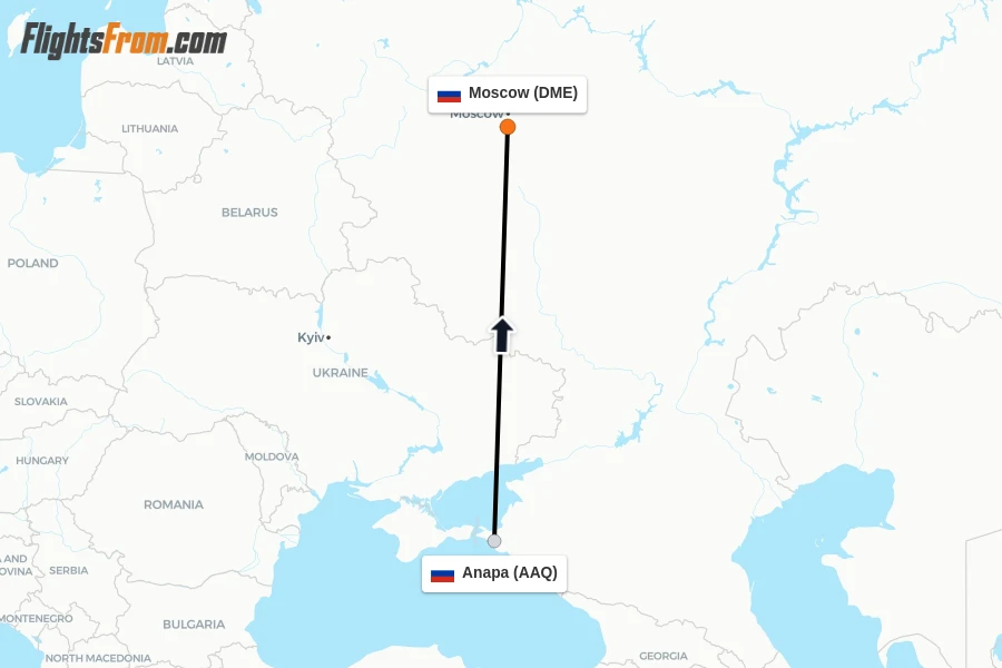 Flights from Anapa to Moscow route map