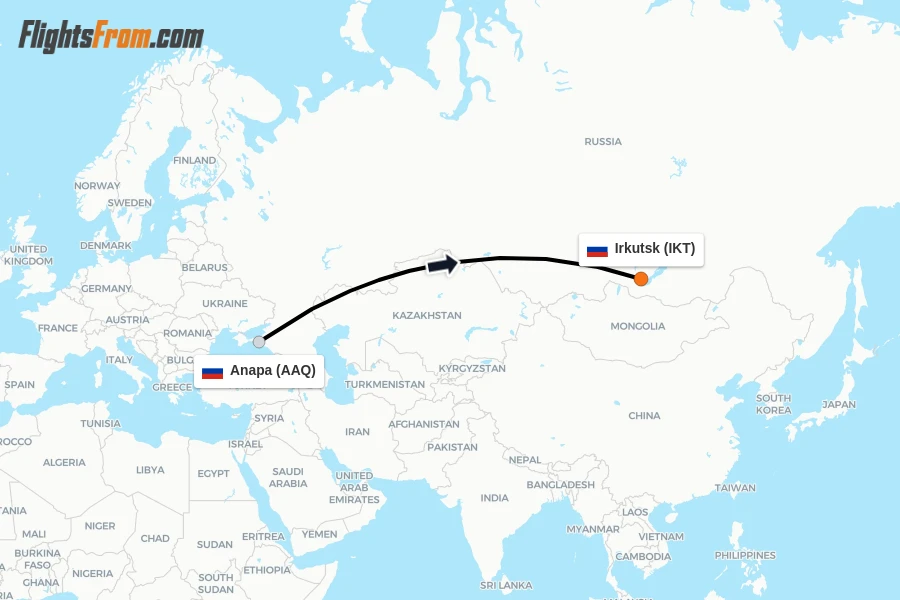 Flights from Anapa to Irkutsk route map