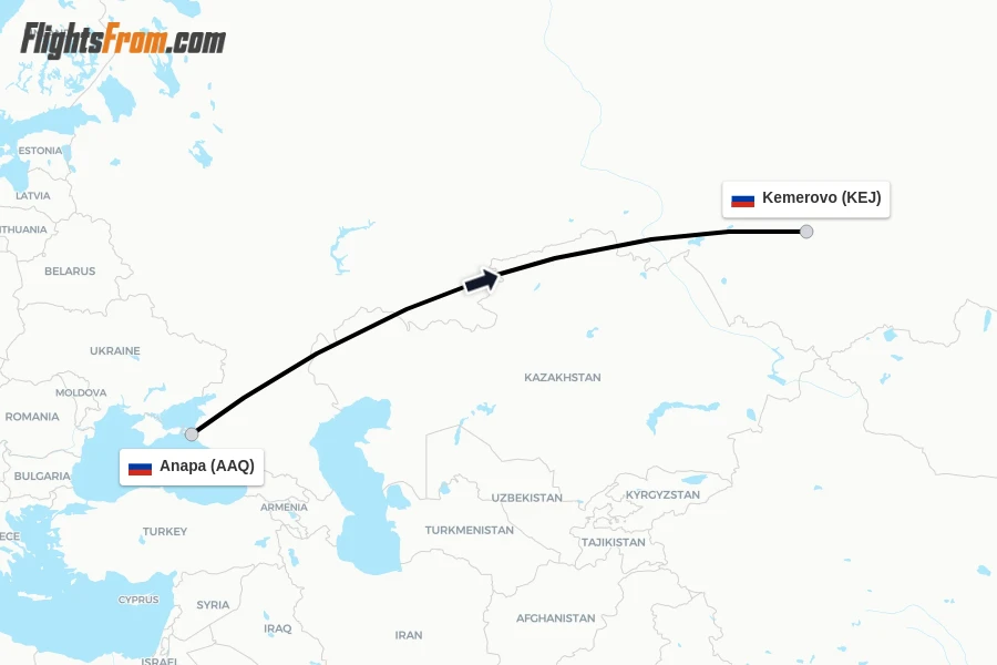 Flights from Anapa to Kemerovo route map