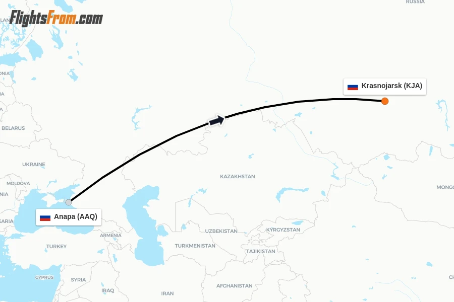 Flights from Anapa to Krasnojarsk route map