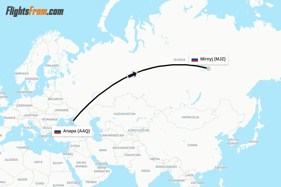 Flights from Anapa to Mirnyj route map