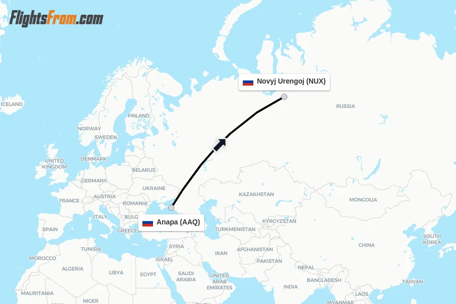 Flights from Anapa to Novyj Urengoj route map