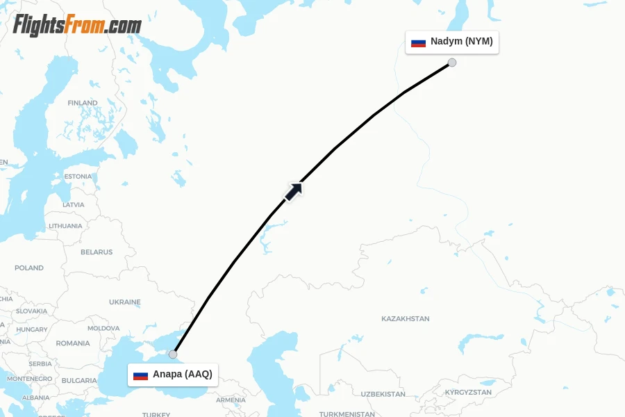 Flights from Anapa to Nadym route map