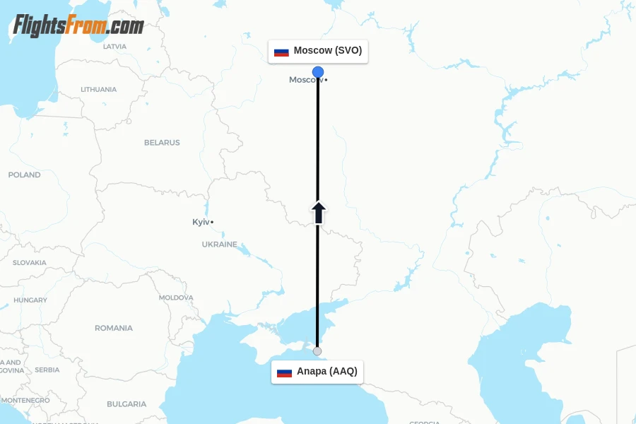 Flights from Anapa to Moscow route map