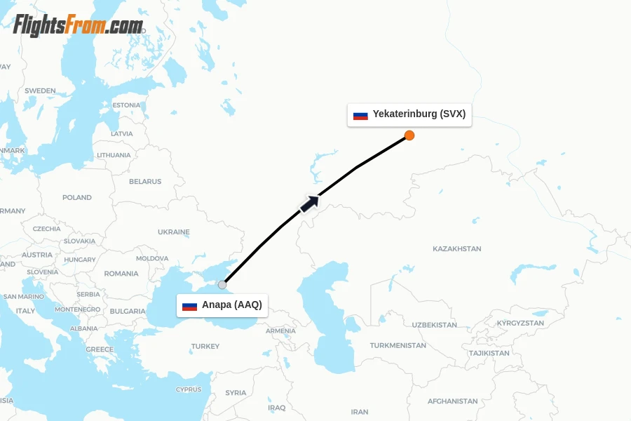 Flights from Anapa to Yekaterinburg route map