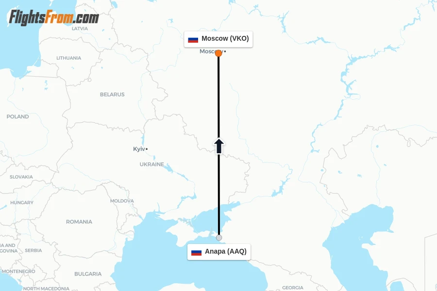 Flights from Anapa to Moscow route map