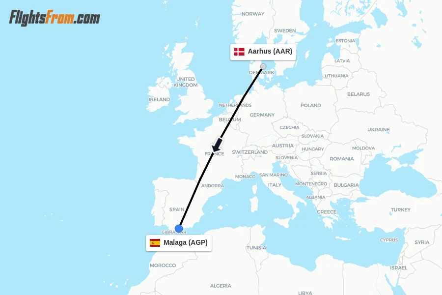 Flights from Aarhus to Malaga route map