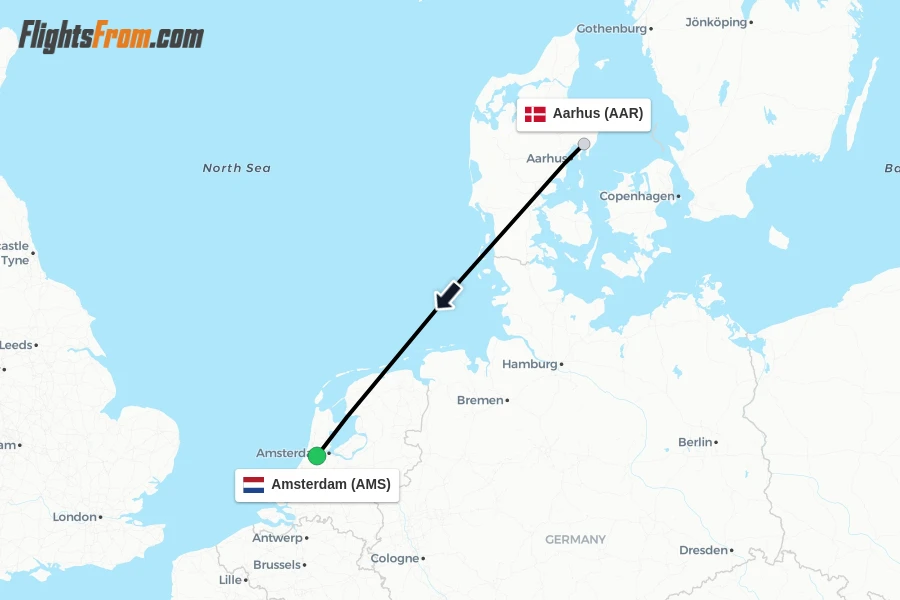 Flights from Aarhus to Amsterdam route map