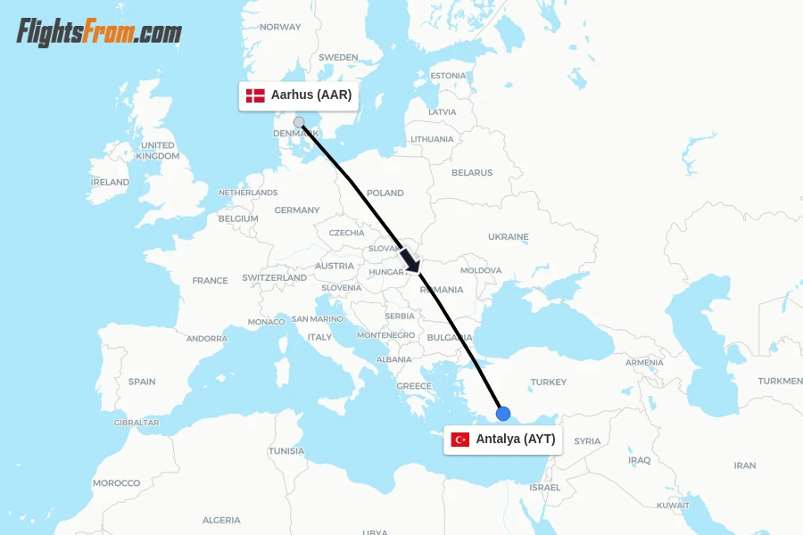 Flights from Aarhus to Antalya route map