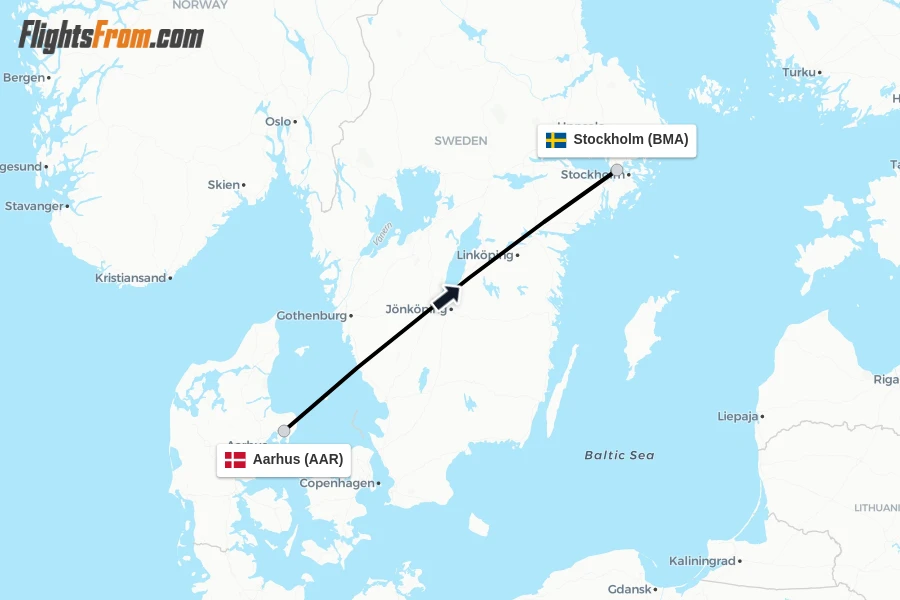 Flights from Aarhus to Stockholm route map