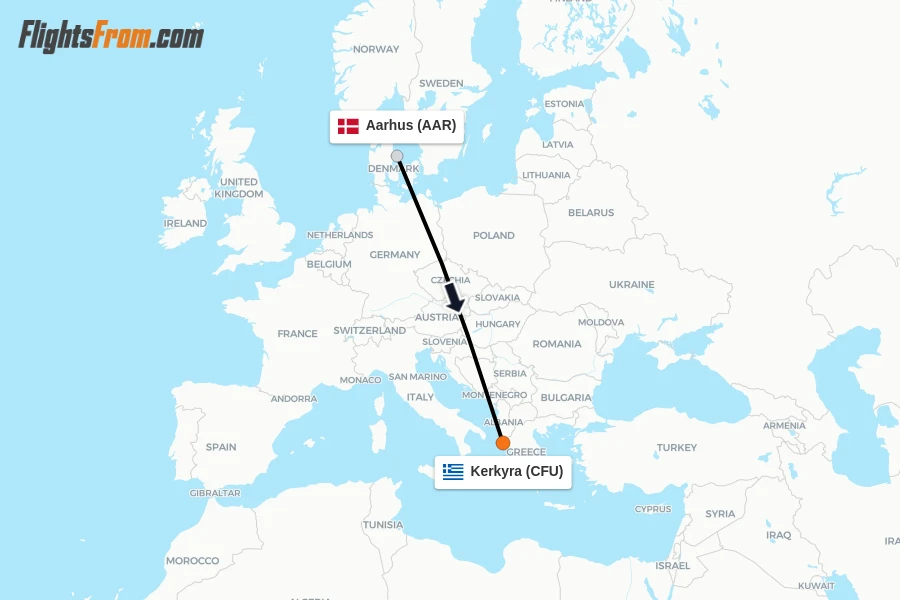 Flights from Aarhus to Kerkyra route map