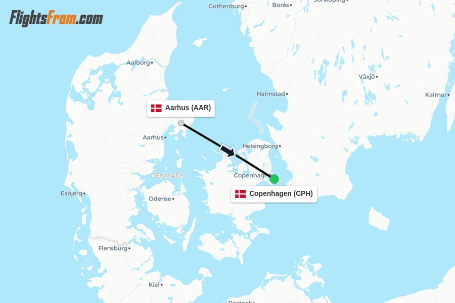 Flights from Aarhus to Copenhagen route map