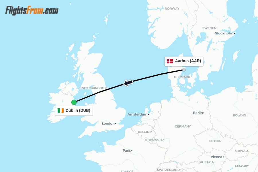 Flights from Aarhus to Dublin route map