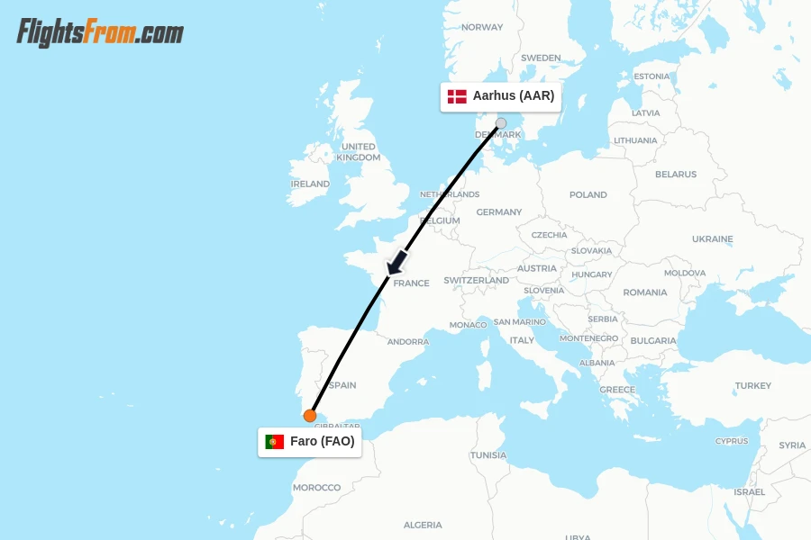 Flights from Aarhus to Faro route map