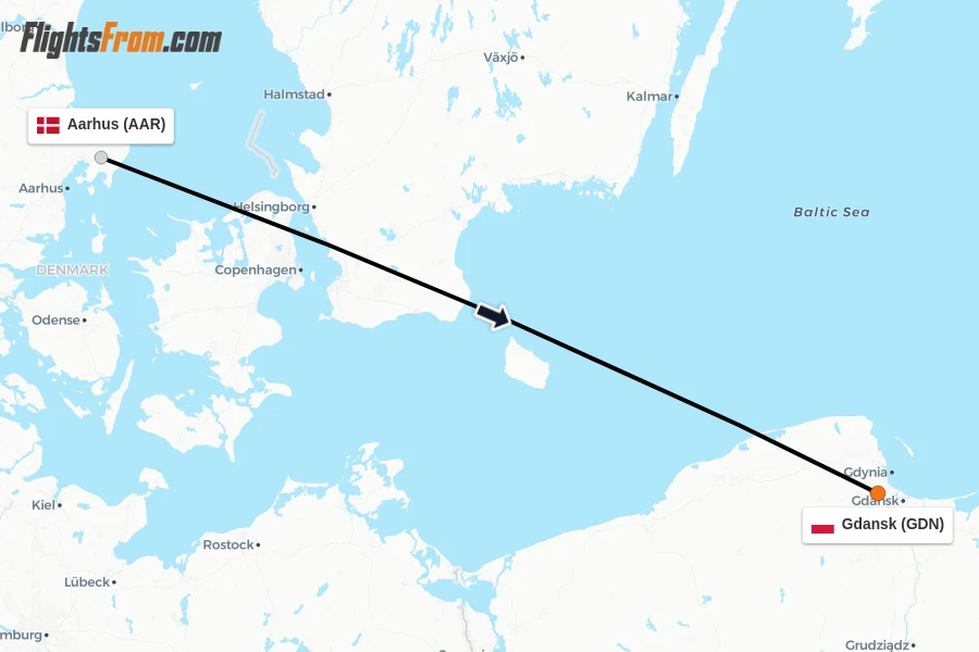 Flights from Aarhus to Gdansk route map