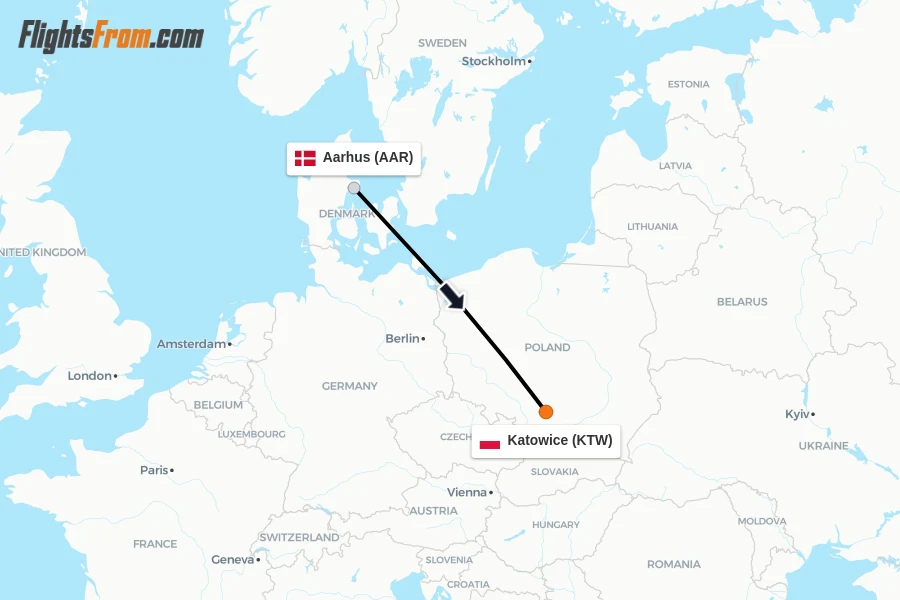 Flights from Aarhus to Katowice route map